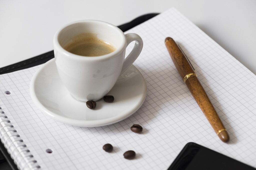 coffee, espresso, coffee beans, beans, coffee cup, cup, write, pen, ink pen, writing implement, office, meeting, business, coffee pot